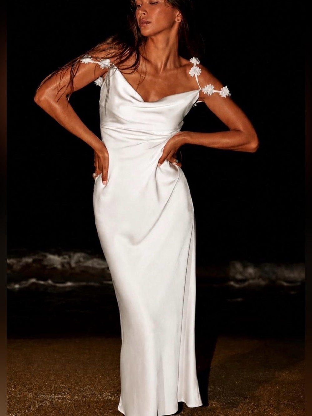 Altar'd State Ivory Cowl Slip Dress with Floral Straps